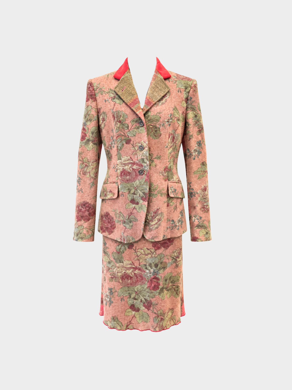 Etro 2000s Rose Green Plaid Floral Wool Skirt Suit Set