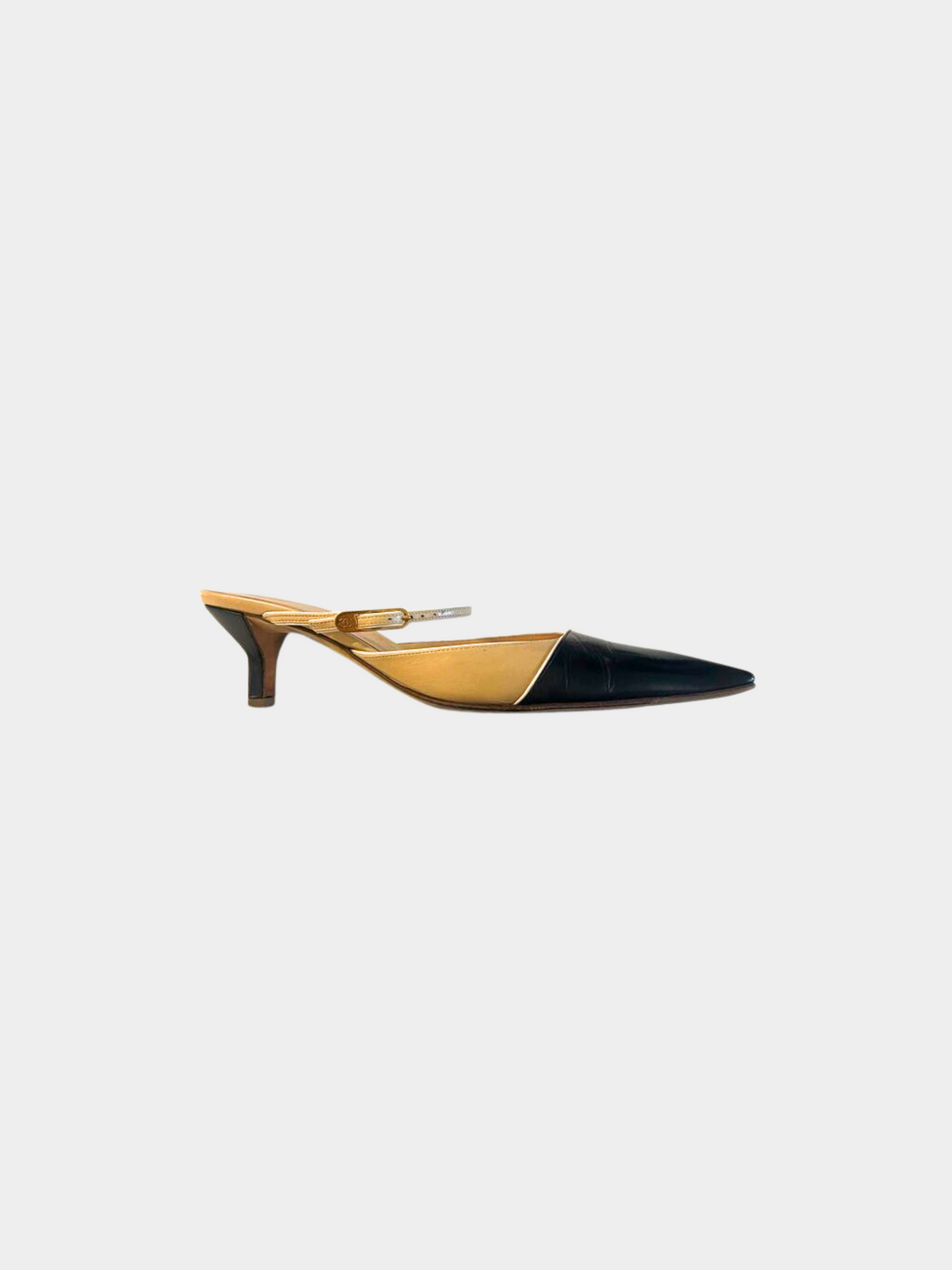 Chanel 2003 Beige Duotone Cap Toe Kitten Heel Mules