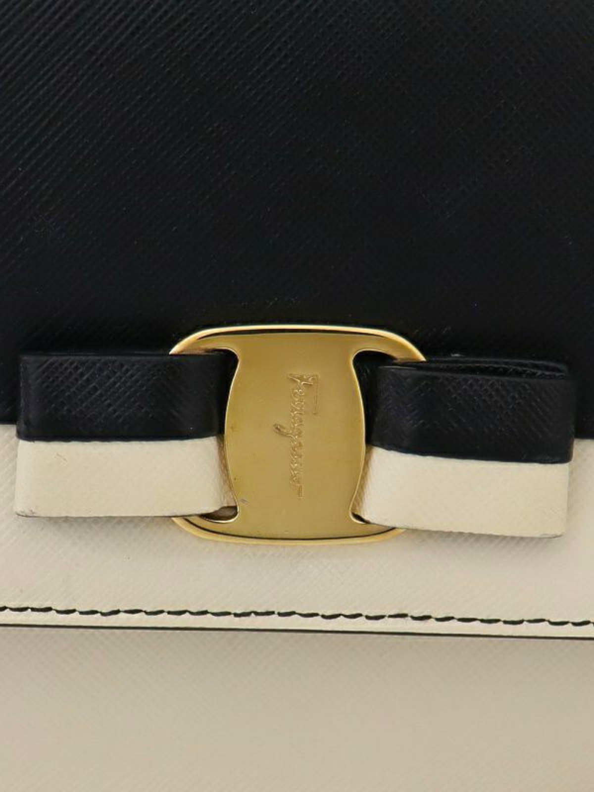 Salvatore Ferragamo 2000s Black White Vara Hardware Leather Chain Shoulder Bag
