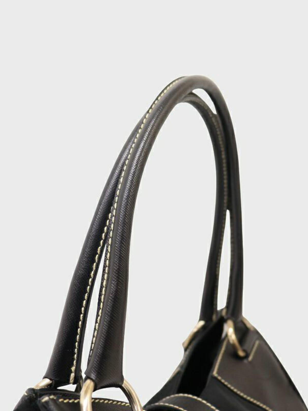 Prada 2000s Black Triangle Logo Nylon Stitch Leather Tote Bag