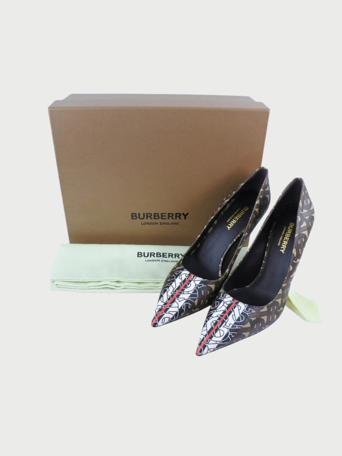 Burberry 2020s Brown Monogram PVC Calfskin Leather Stiletto Pumps