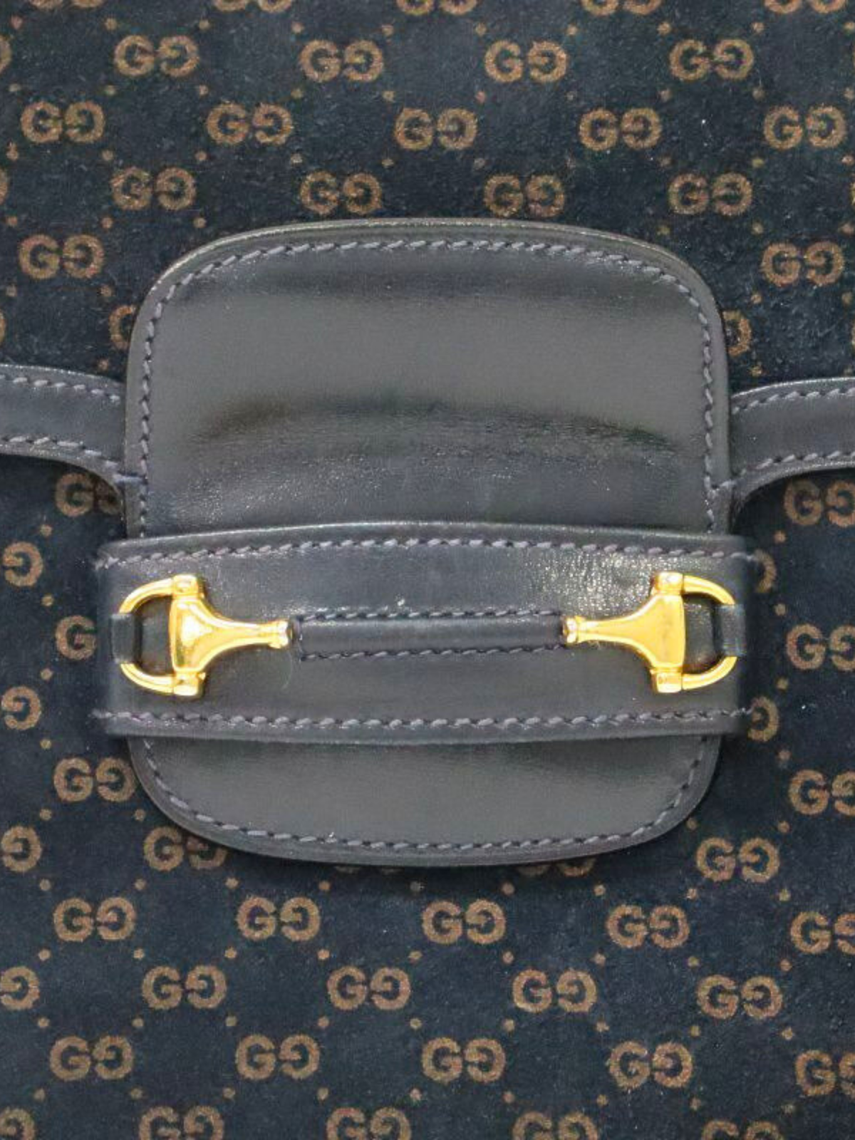 Gucci 2000s Brown Navy Horsebit Micro GG Leather Shoulder Bag