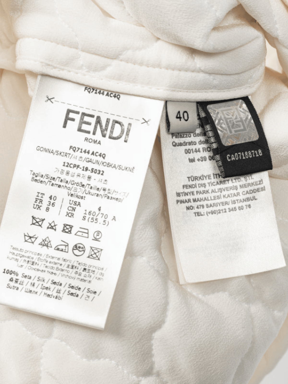 Fendi SS 2020 Runway Ivory Quilted Silk Crepe de Chine Mini Skirt