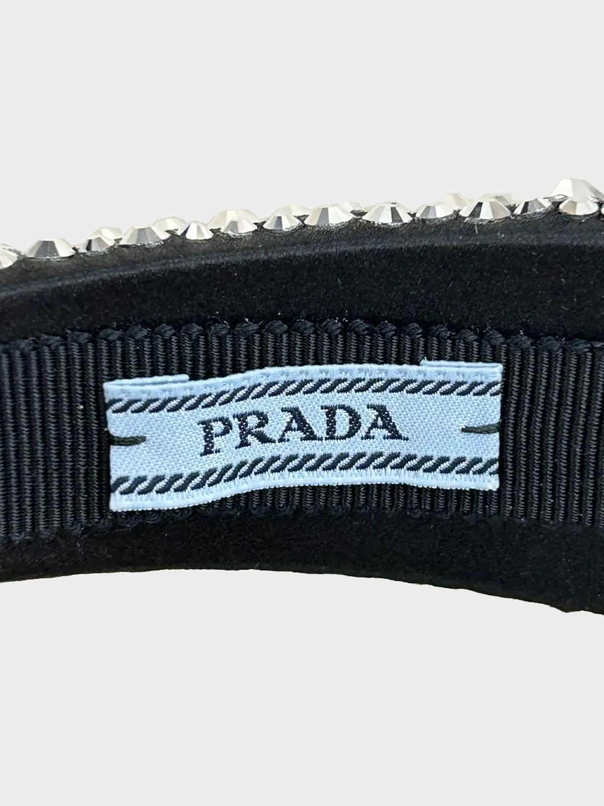 Prada 2020s Black Satin and Silver Crystal Studded Headband