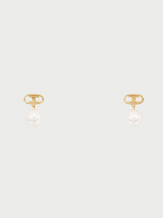 Celine 2020s Gold Plated Metal Triomphe Pearl Earrings