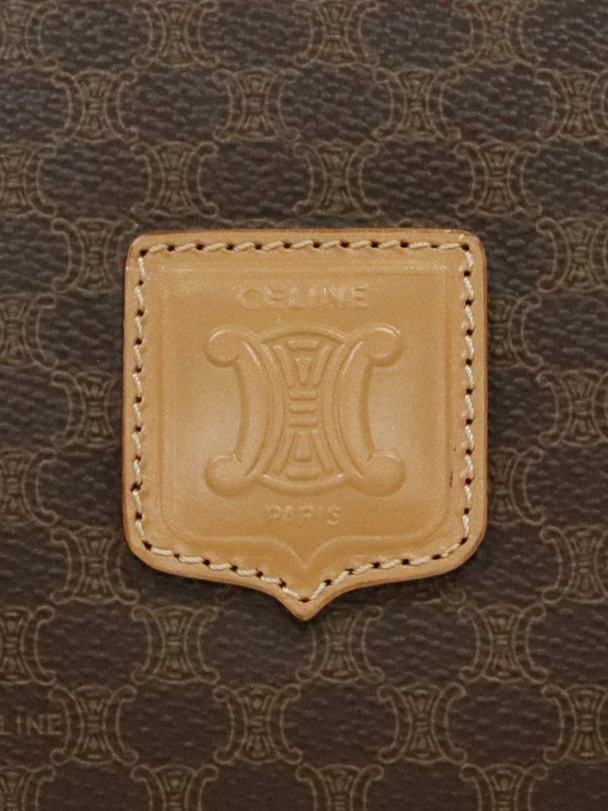 Celine 1990s Brown PVC and Leather Macadam Blazon Embossed Boston Bag