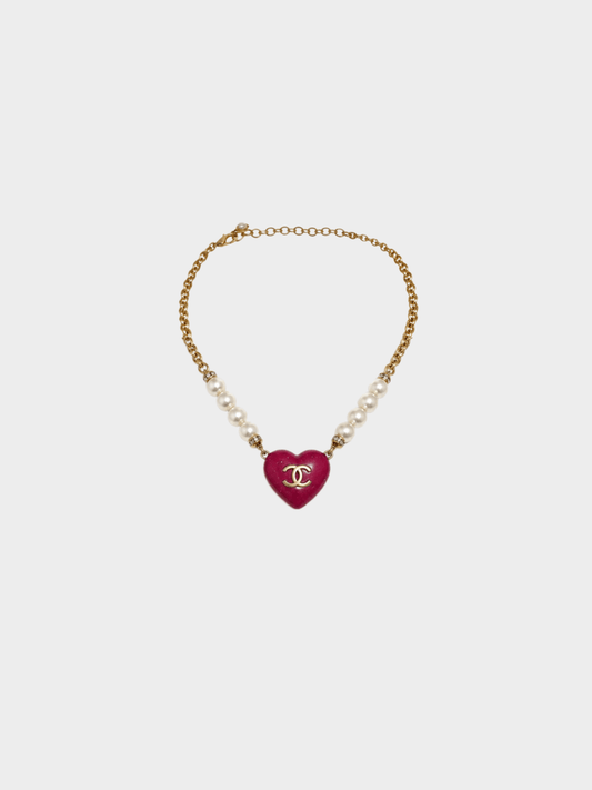 Chanel 2023 Gold CC Pink Heart Pearl Rhinestone Necklace
