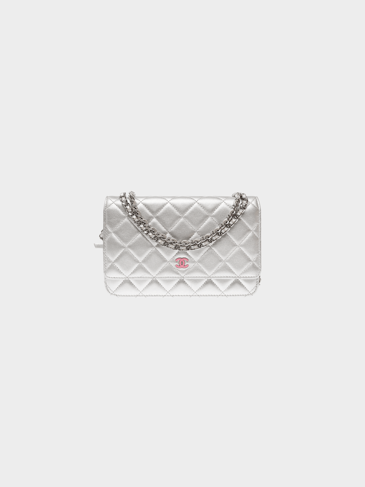 Chanel 2012 Silver Metallic Lambskin Quilted Wallet On Chain Bag