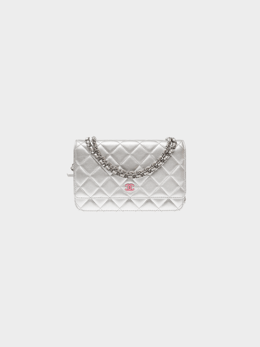 Chanel 2012 Silver Metallic Lambskin Quilted Wallet On Chain Bag