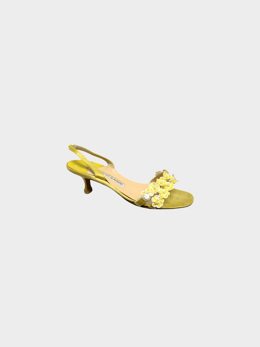 Manolo Blahnik 2000s Satin Lime Floral Slingback Heels