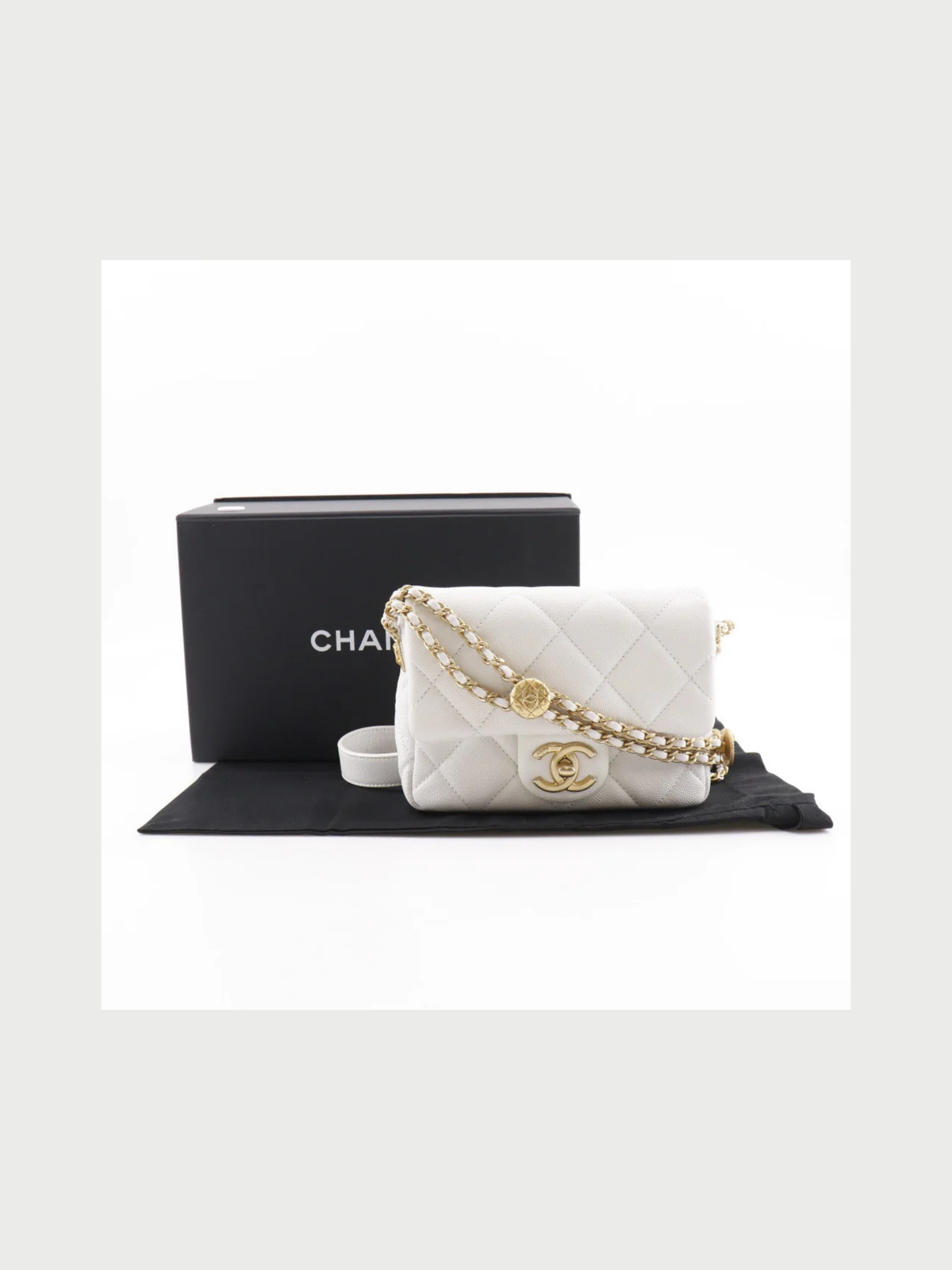 Chanel 2010s White Caviar Leather Matelassé Flap Shoulder Bag