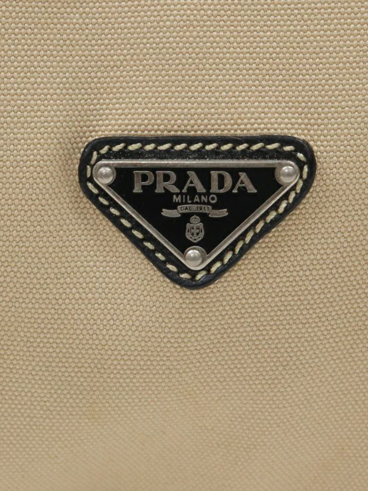 Prada 2000s Beige Black Triangle Logo Canvas Leather Handbag