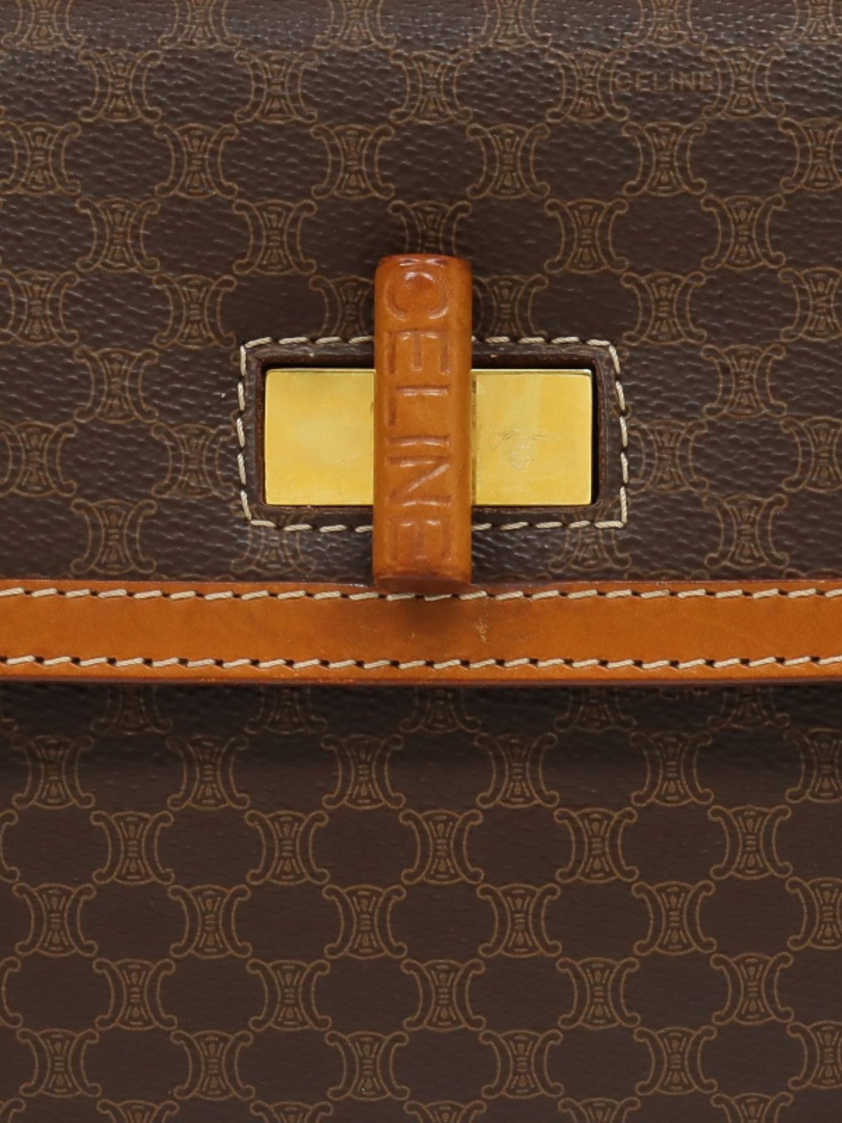 Celine 2000s Brown Macadam Leather PVC Turn Lock 2-Way Bag
