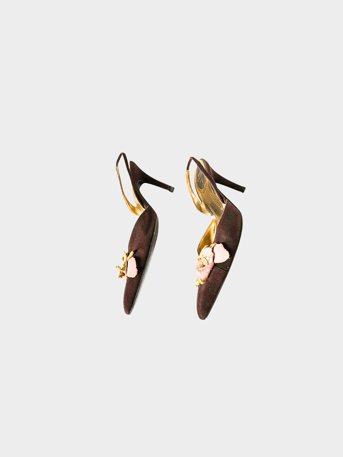 René Caovilla 2000s Brown Suede Floral Slingback Heels