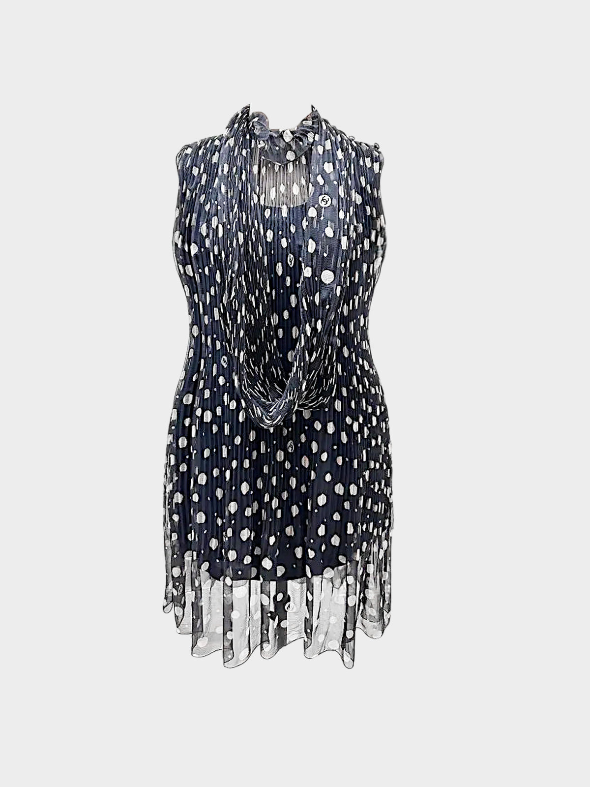 Chanel 2000 Navy Pleated Chiffon Polka Dot Print Chiffon Dress and Scarf