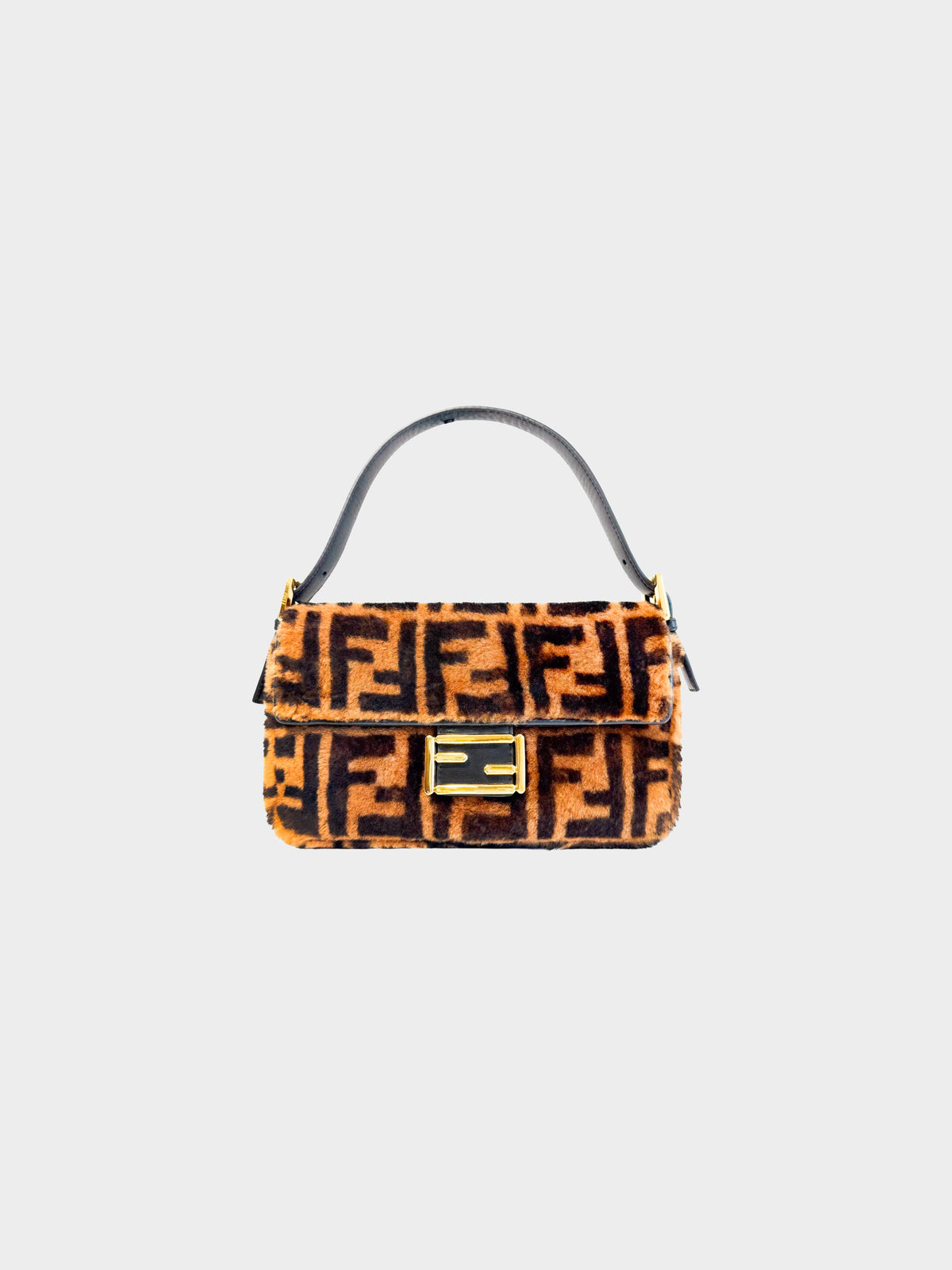 Fendi 2000s Brown Shearling Fur Zucca Monogram Baguette