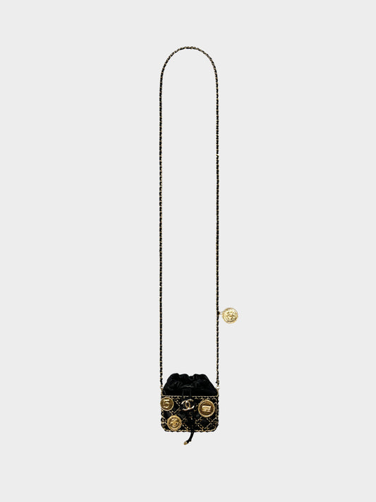 Chanel 2020s Black Lambskin Leather Gold Medallion Coins and Threaded Chain Cage Bucket Bag