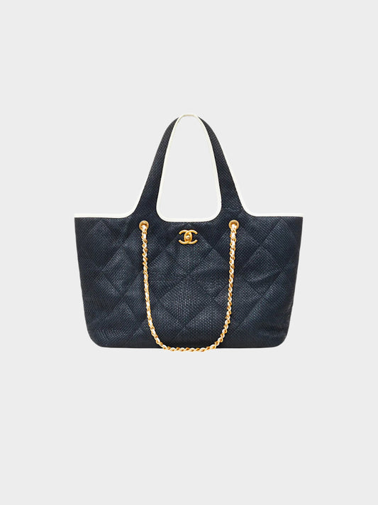 Chanel 2023 Dark Navy Raffia Quilted Tote Bag