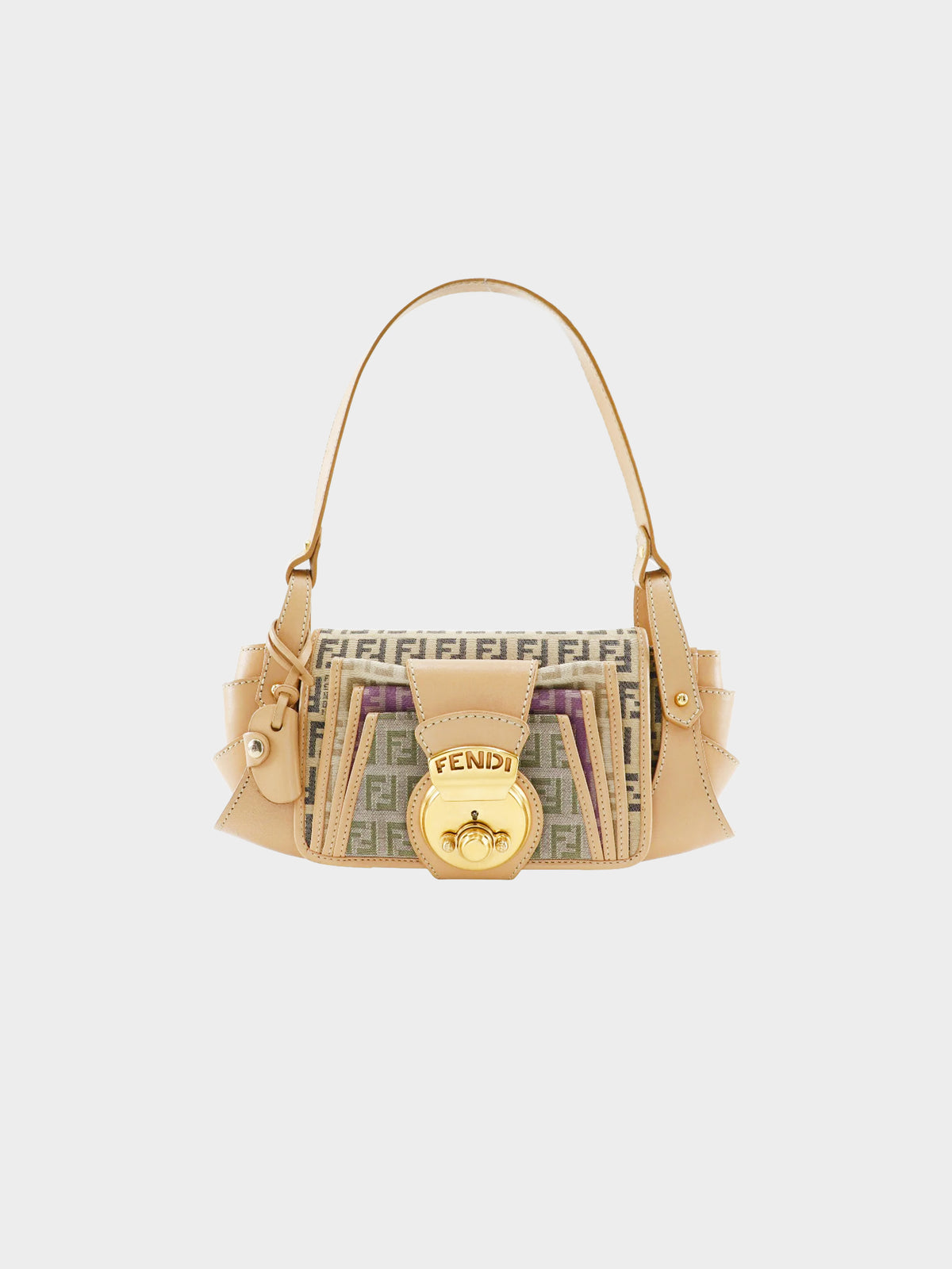 Fendi 2004 Beige Calfskin Leather and Zucchino Canvas Bag
