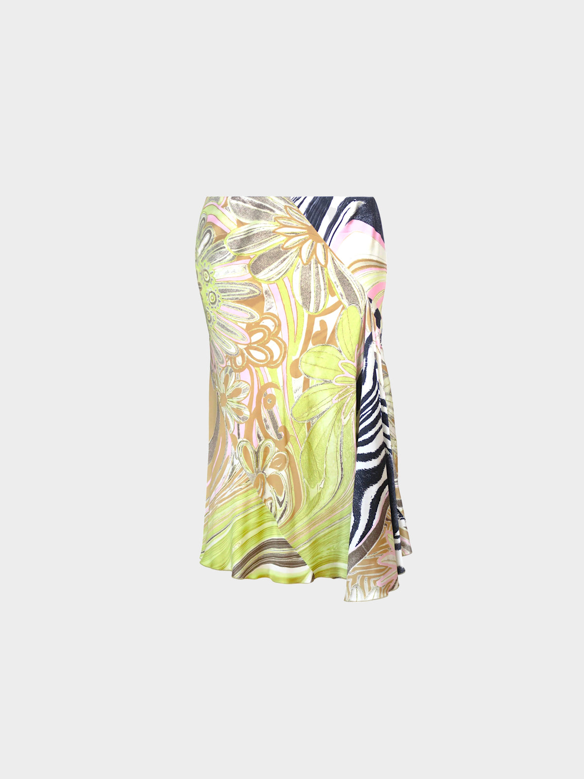Roberto Cavalli 2000s Floral and Zebra Multi Print Ruffled Silk Skirt