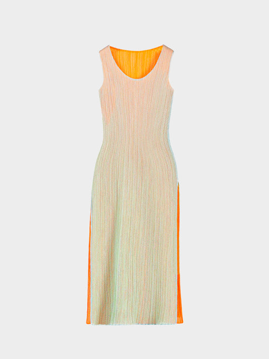 Issey Miyake Pleats Please 2000s Fluorescent Green and Orange Mesh Overlay Dress