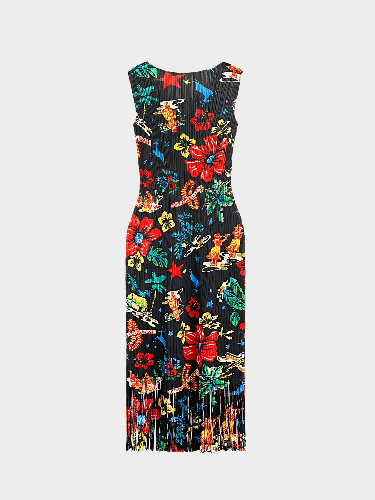 Issey Miyake Pleats Please 2000s Hawaiian Print Fringed Dress