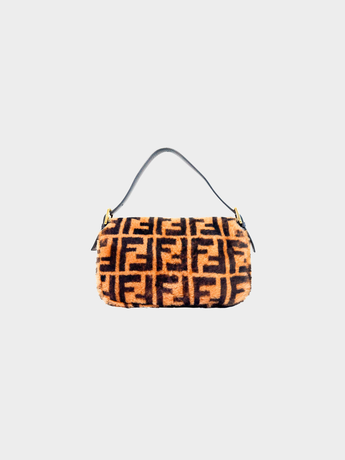 Fendi 2000s Brown Shearling Fur Zucca Monogram Baguette