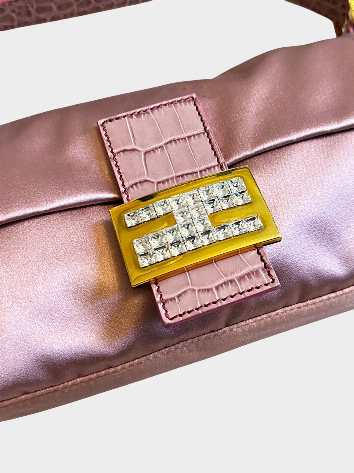 Fendi 2000s Pink Satin and Croc-Embossed Leather Baguette