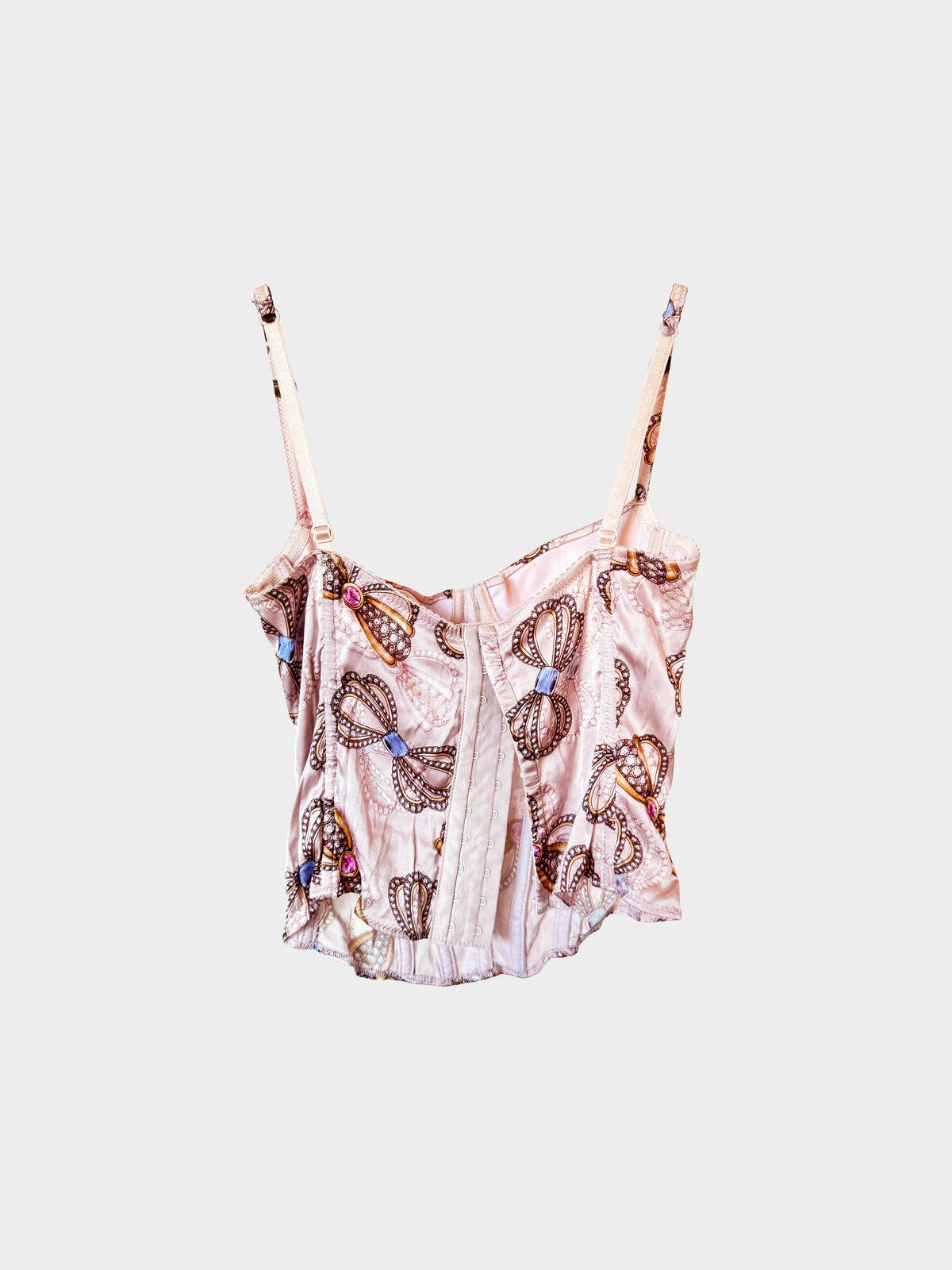 Blumarine 2000s Light Pink Satin Rhinestone Embellished Printed Corset