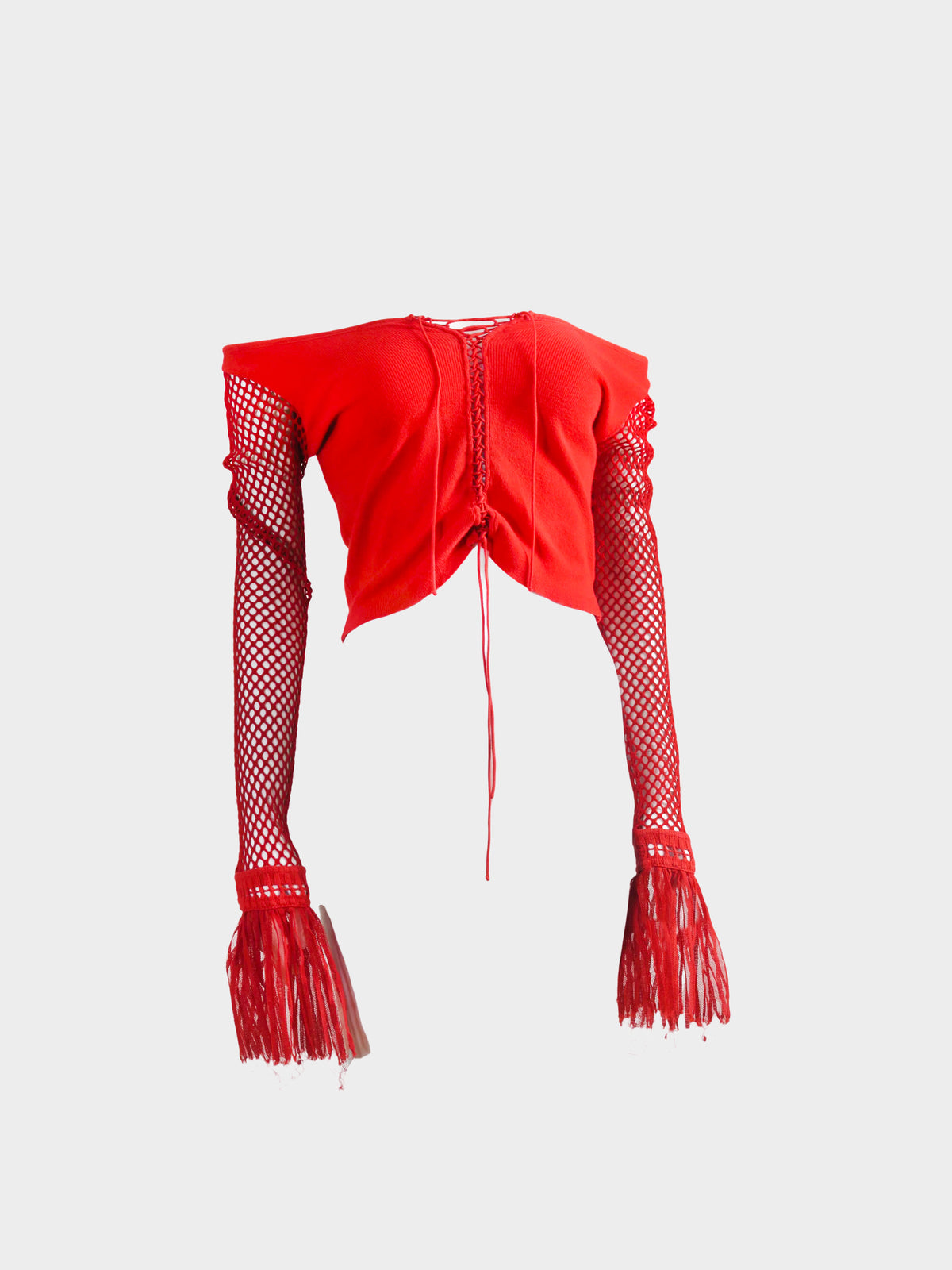 Jean Paul Gaultier 2000s Red Ribbed Crochet Net Sleeves with Tulle Cuffs