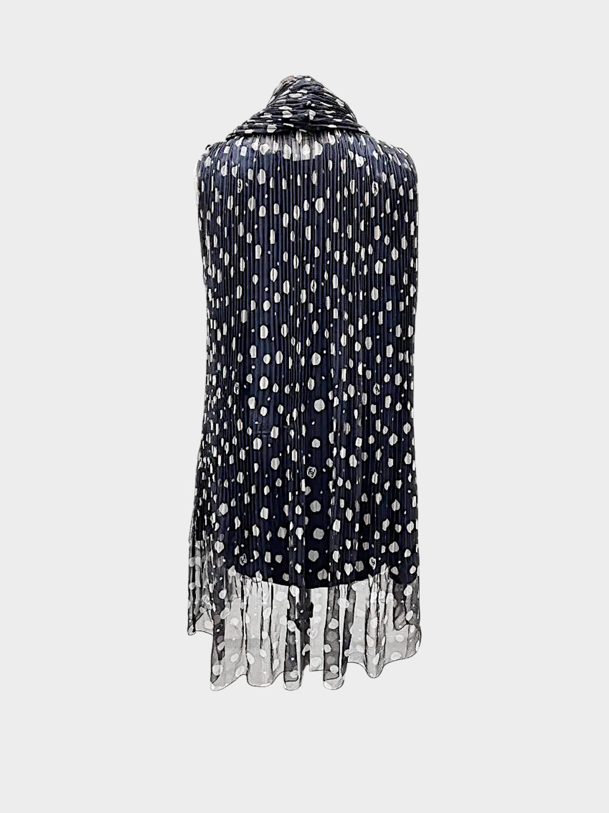 Chanel 2000 Navy Pleated Chiffon Polka Dot Print Chiffon Dress and Scarf