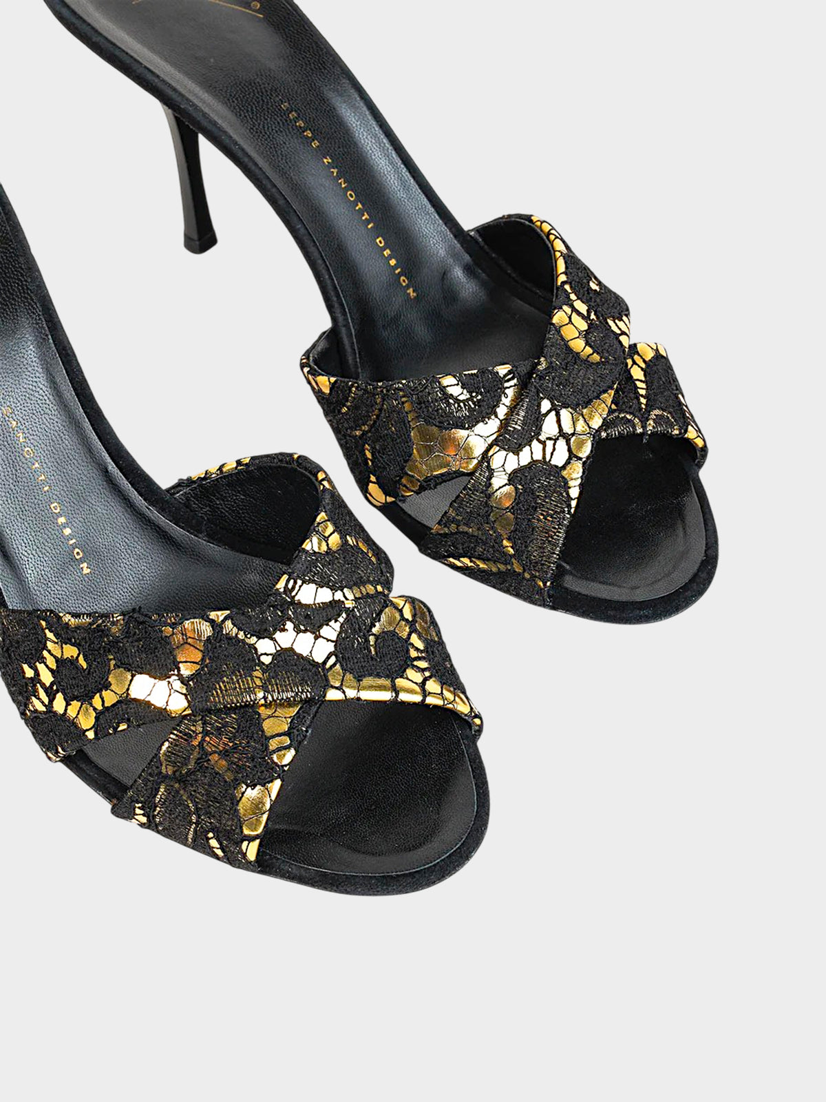 Giuseppe Zanotti 2010s Black Lace and Gold Metallic Leather Heels