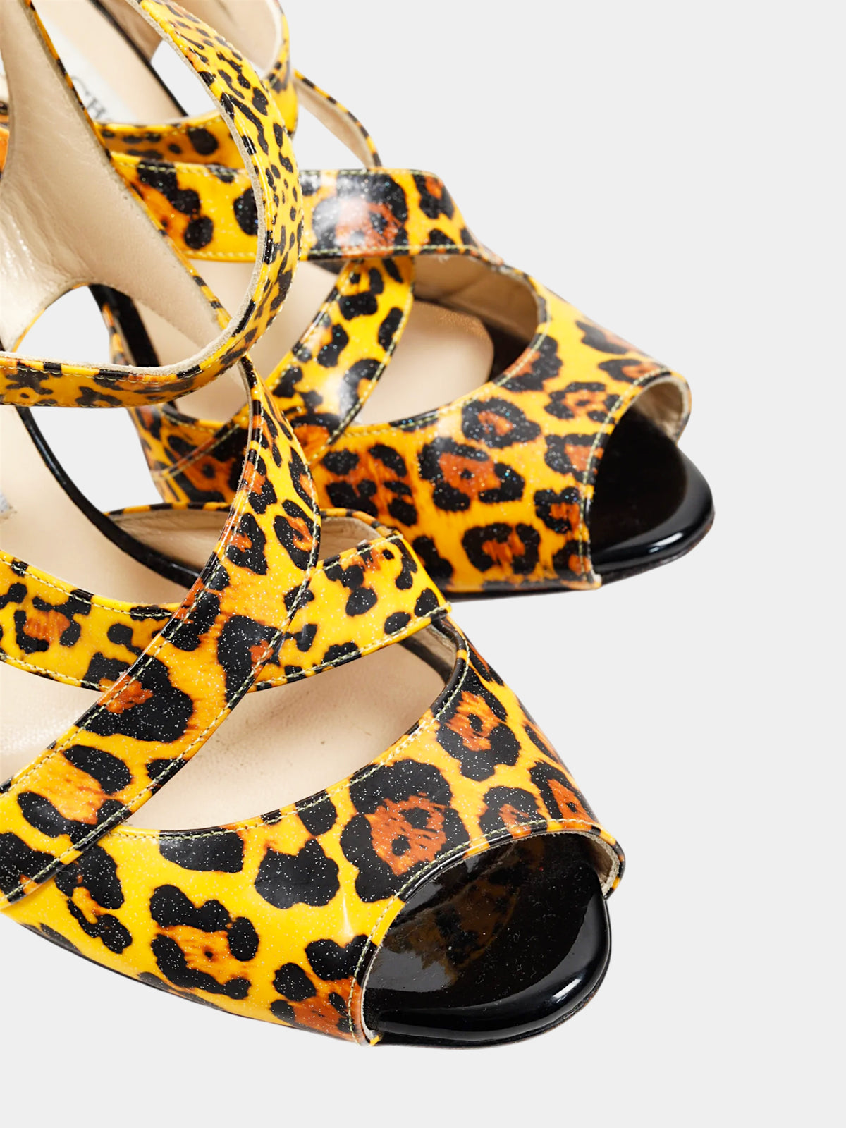 Jimmy Choo 2000s Leopard Patent Leather Strappy Heels