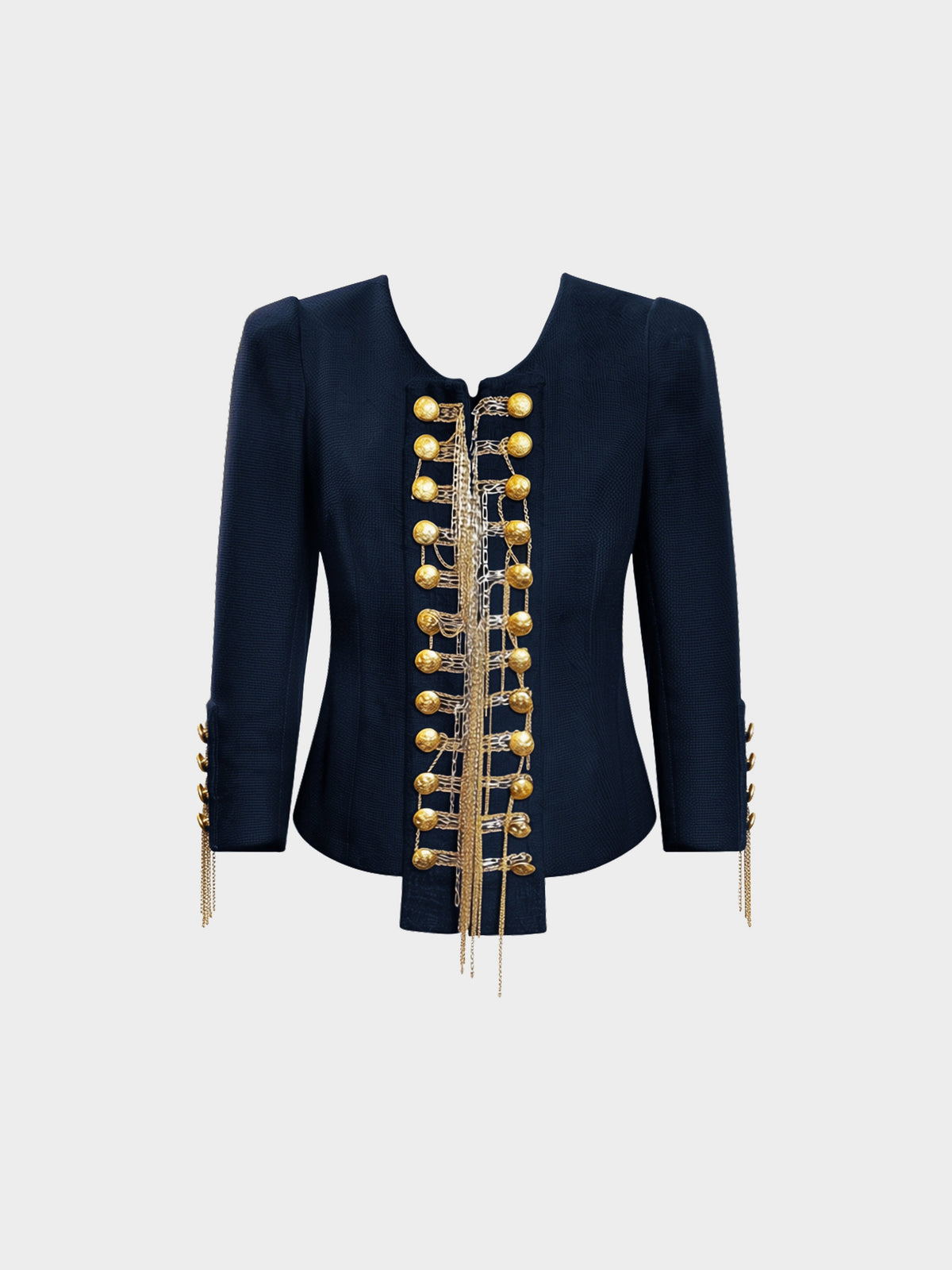 Balmain FW 2010 Navy Silk Bouclé Chain-embellished Military Jacket