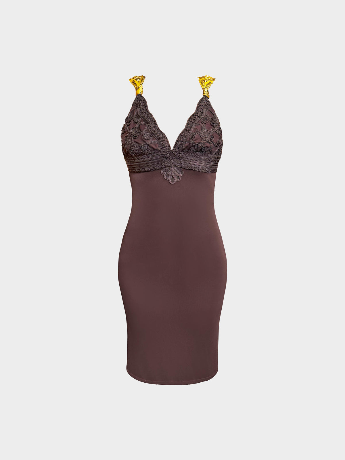 Roberto Cavalli 2000s Chocolate Brown Braid-detailed Midi Dress