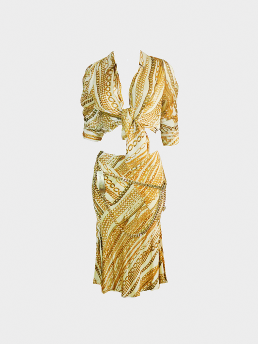 Roberto Cavalli 2000s Gold Chain Print Blouse, Skirt, and Belt Set