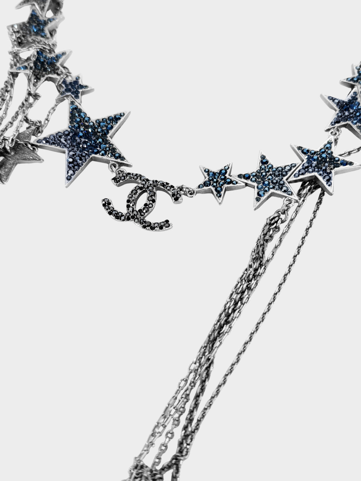 Chanel 2008 Silver Multistrand Chain Link CC and Stars Rhinestone-embellished Necklace