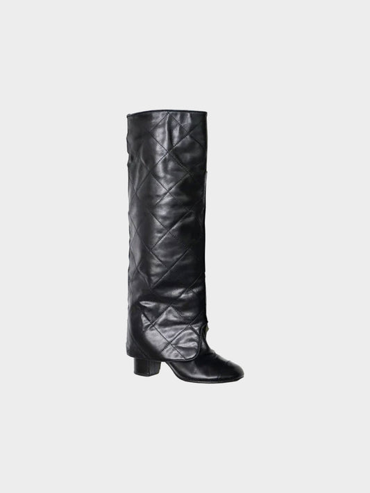 Chanel 2000s Rare Black Leather Layered Knee-High Boots