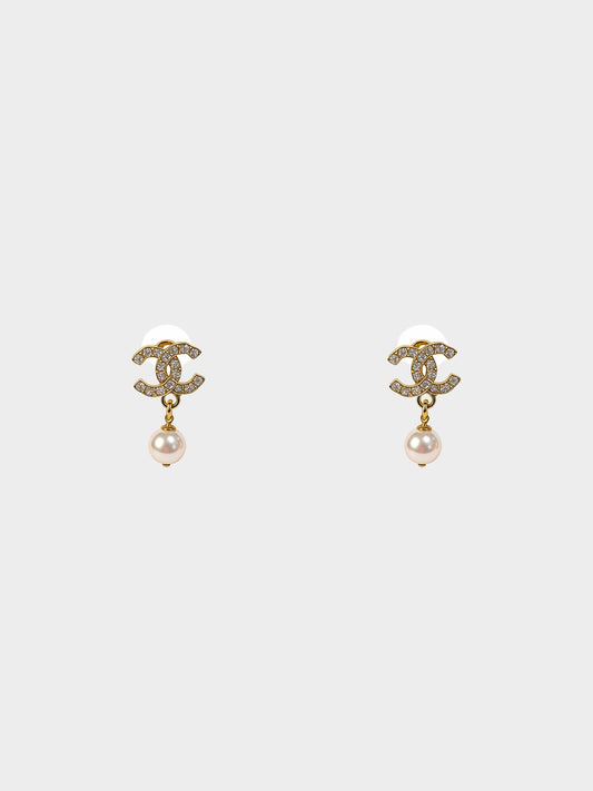 Chanel 2021 Gold CC Rhinestone-encrusted Pearl Drop Earrings