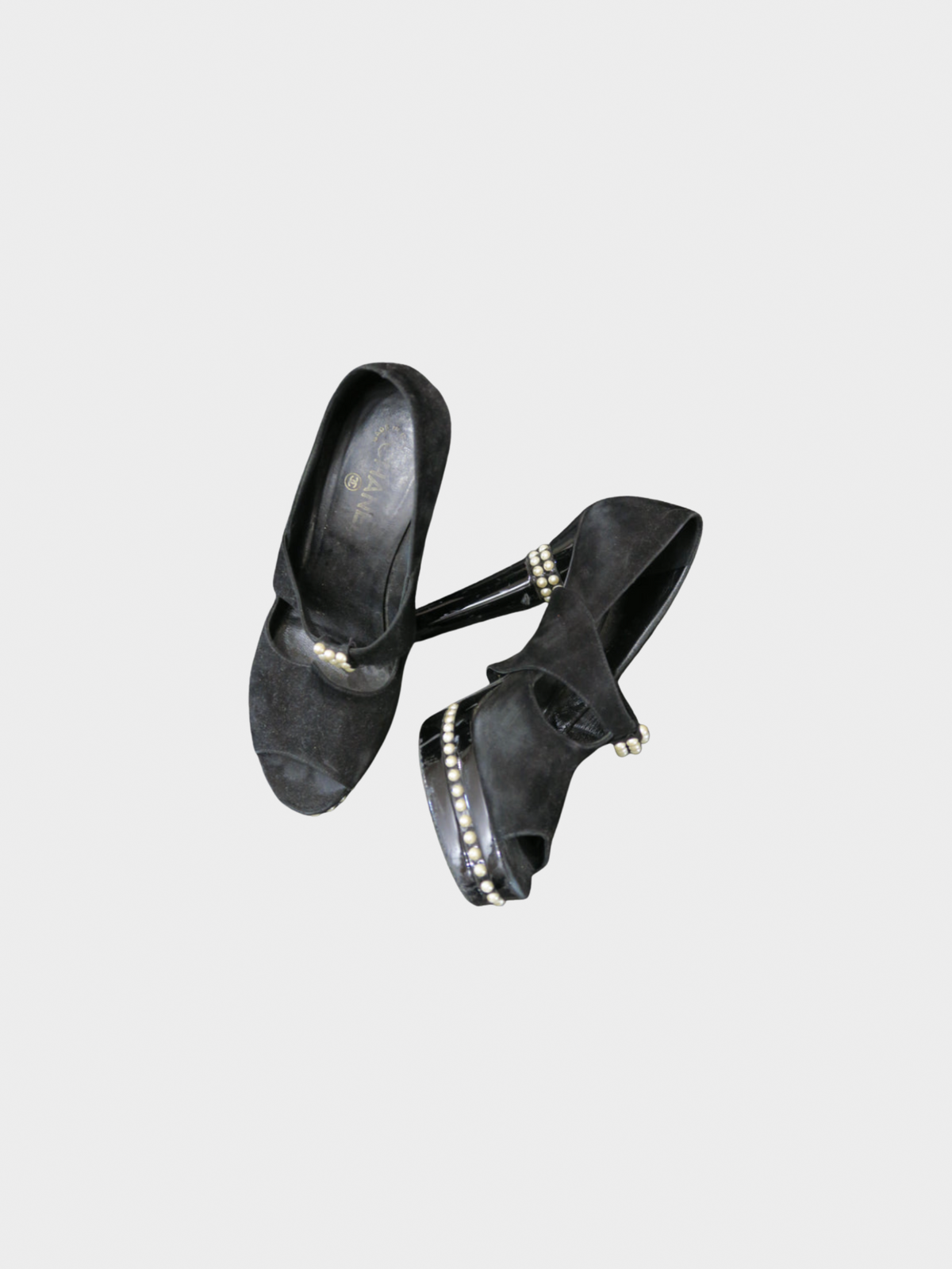 Chanel Pre-Fall 2009 Paris-Moscow Black Suede Open Toe Faux Pearl Pumps