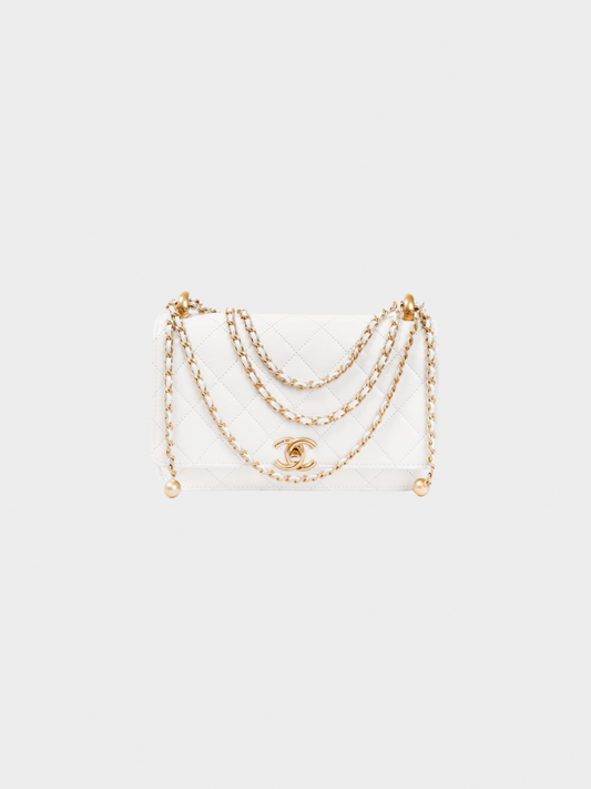 Chanel 2010s Pearl Crush White Quilted Lambskin Leather Wallet on Chain