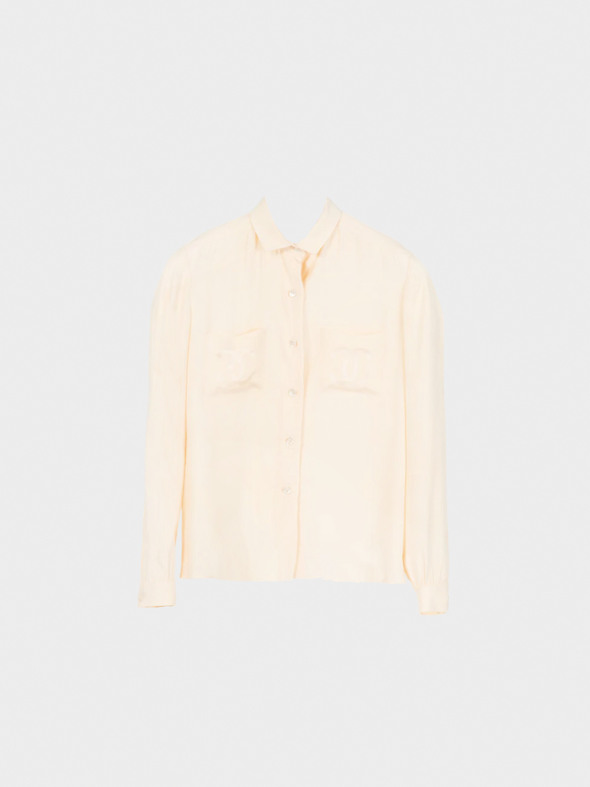 Chanel 1970s Cream Silk CC-Pocket Buttoned Blouse