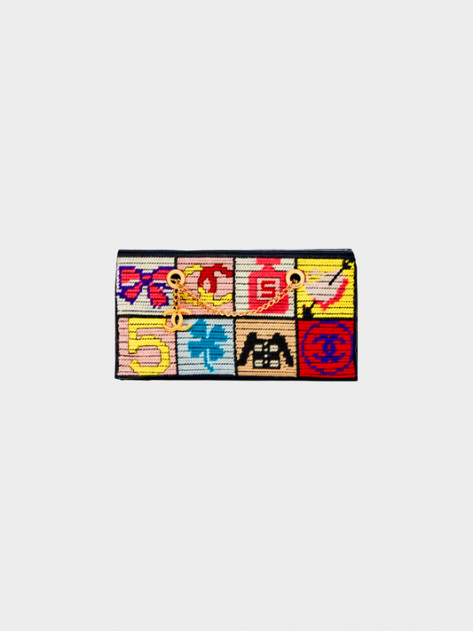 Chanel 2003 Multicolor Knit Needlepoint Precious Symbols Patchwork Shoulder Bag
