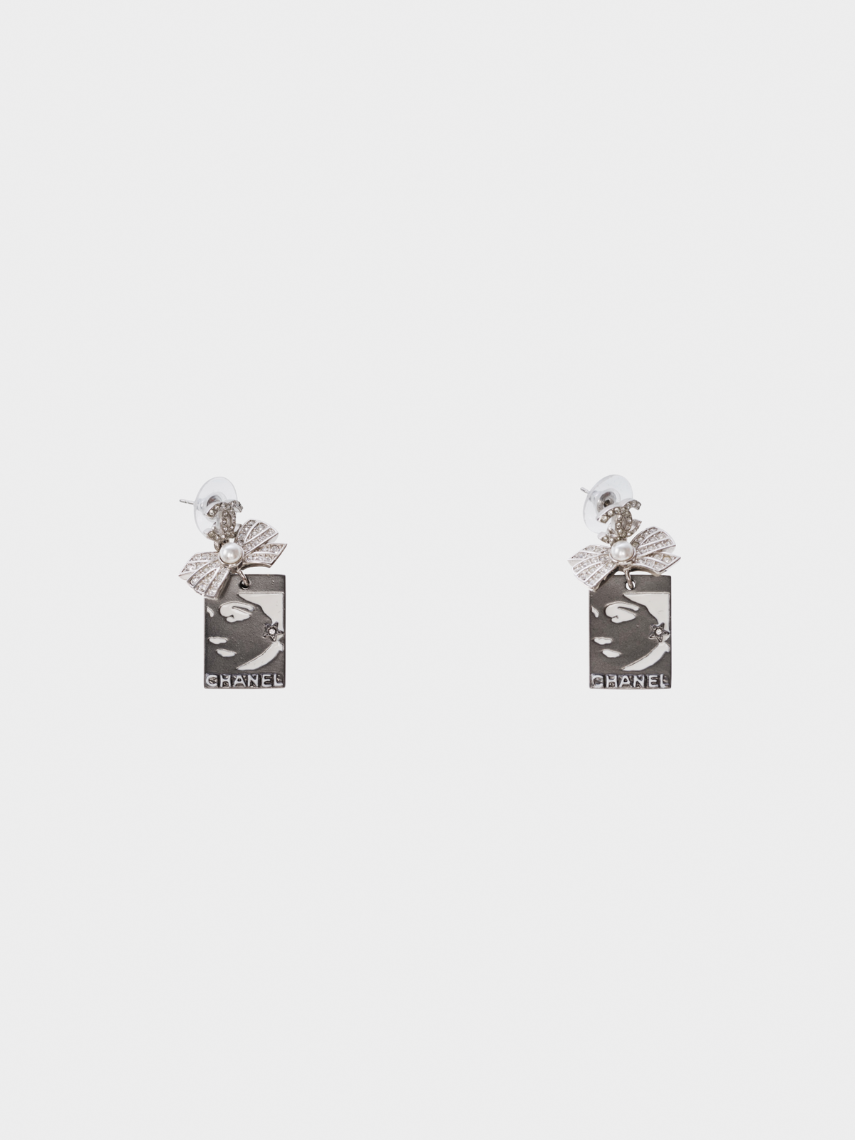 Chanel 2020s Silver Coco Chanel Printed Rectangle Earrings
