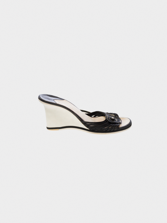 Chanel 2010s Black Leather Camellia Wedge Sandals
