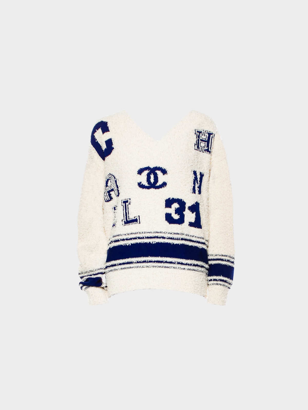 Chanel Pre-Spring 2019 Cream and Blue Cotton-Silk Blend Boucle Varsity Sweater