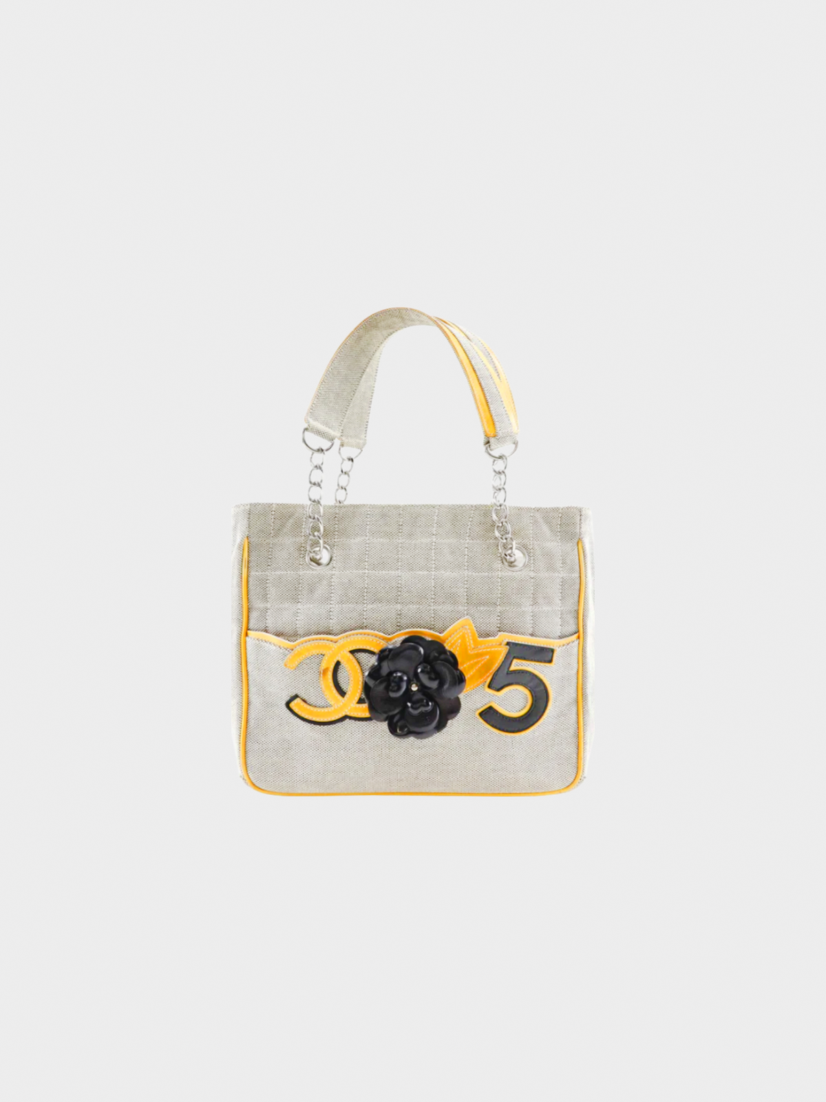 Chanel 2005-2006 Grey Camellia No. 5 Choco Bar Canvas Tote Bag