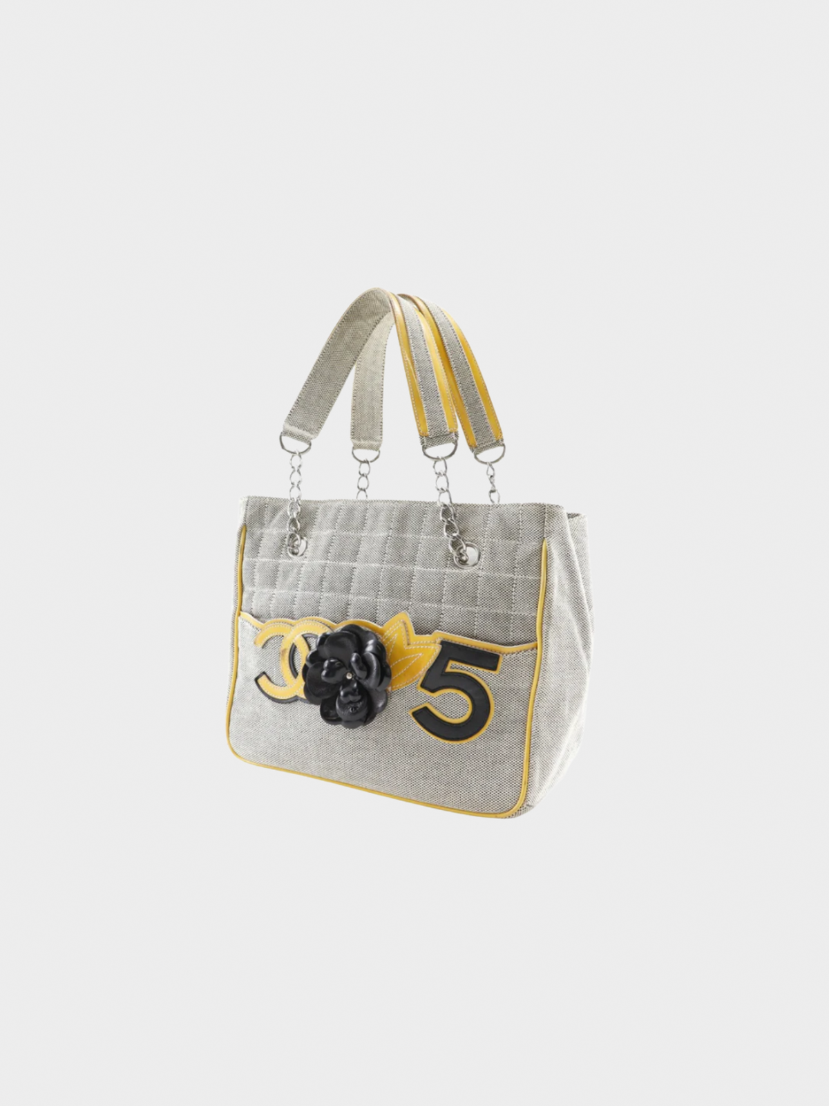Chanel 2005-2006 Grey Camellia No. 5 Choco Bar Canvas Tote Bag
