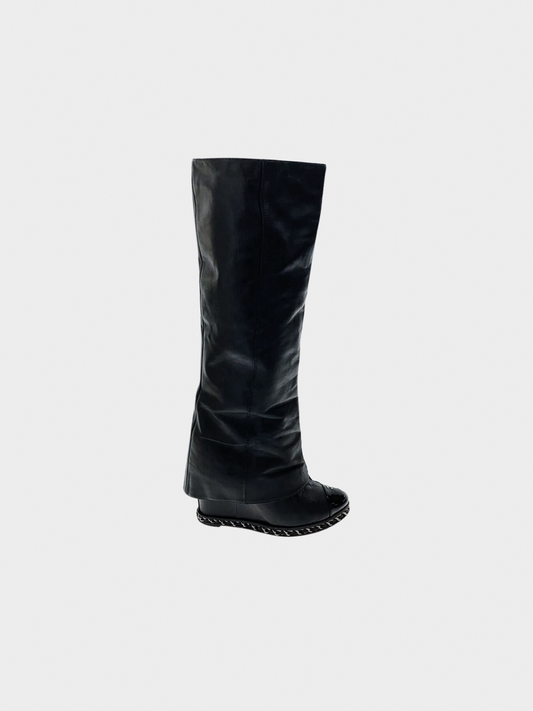 Chanel 2010s Black Leather Fold-over Wedged Long Boots
