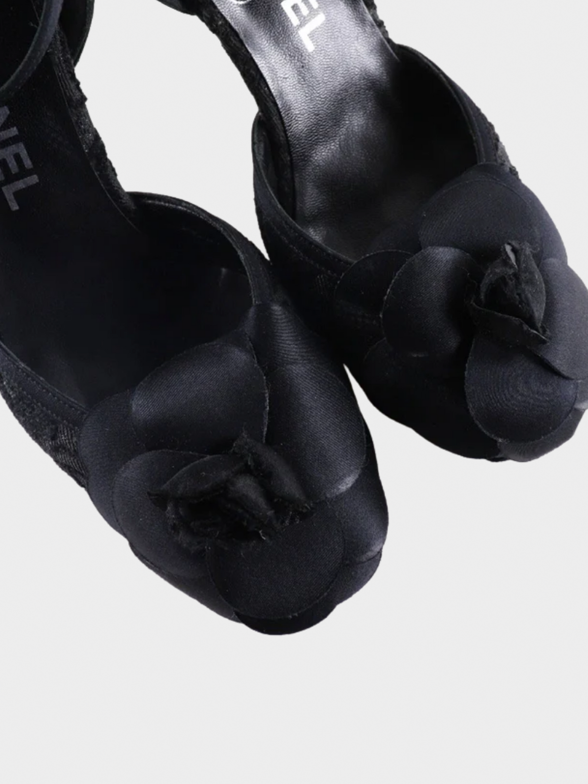 Chanel 2000s Black Camellia Satin Heels